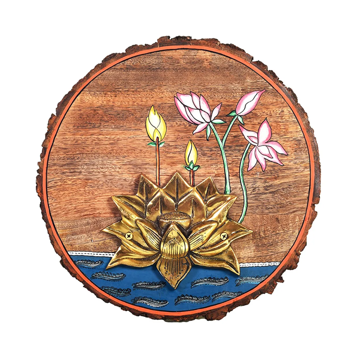 Close-up of the round wood accent showing a golden lotus and colourful flowers.