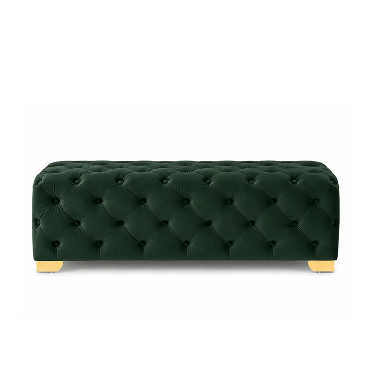 Front view of a green velvet button-tufted bench on a white background