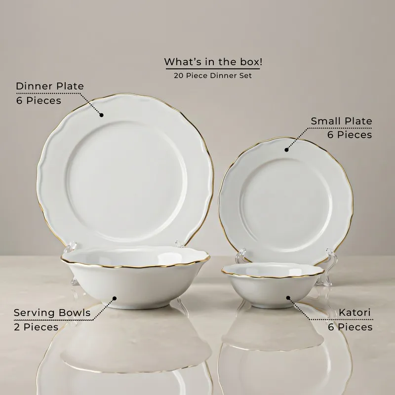 White and gold dinnerware pieces displayed together from the set