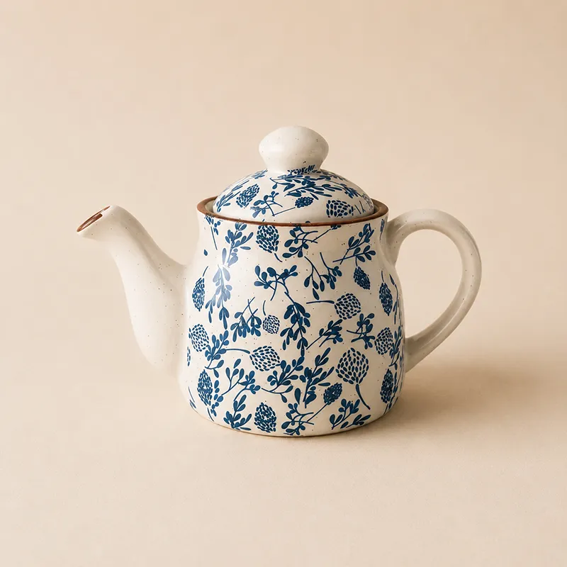 Close-up of the blue and white floral ceramic teapot