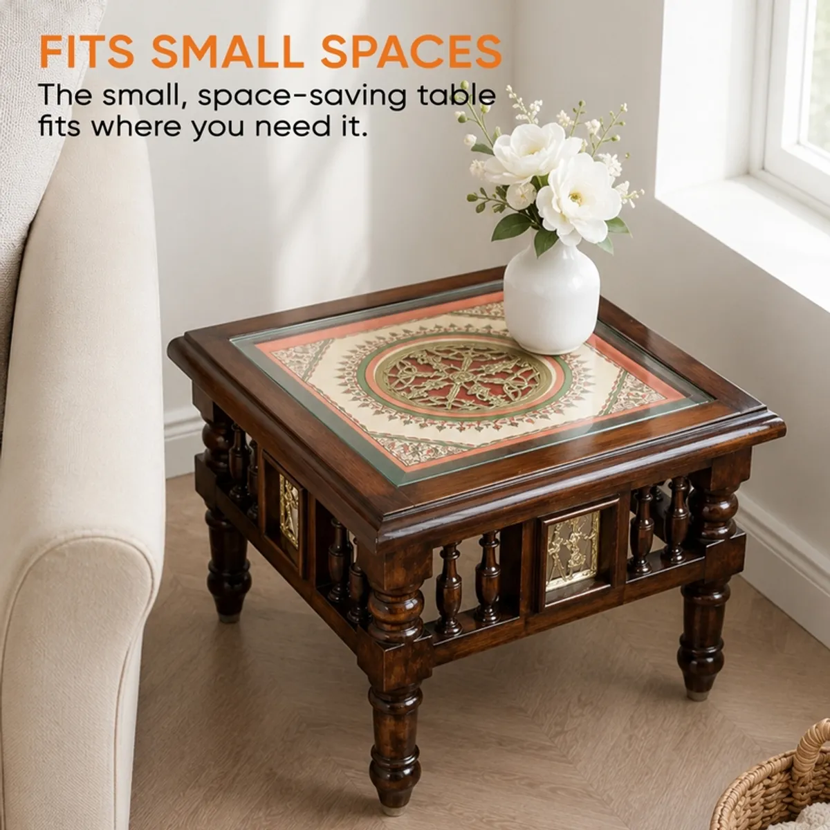 Compact brown square side table with patterned top placed near a sofa and window
