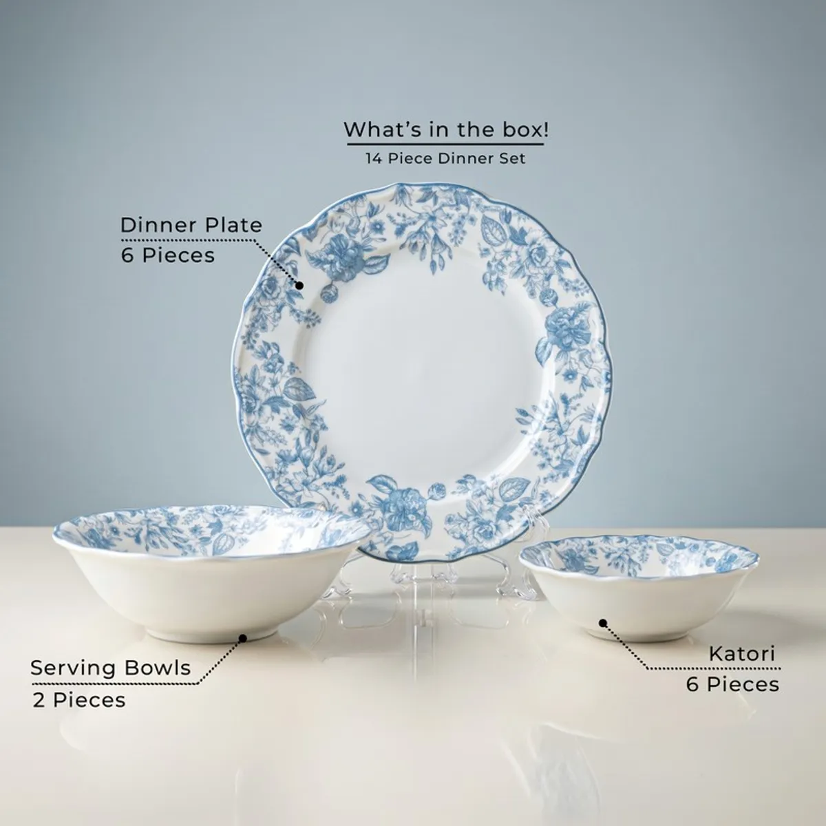 Blue and white floral dinnerware pieces displayed together