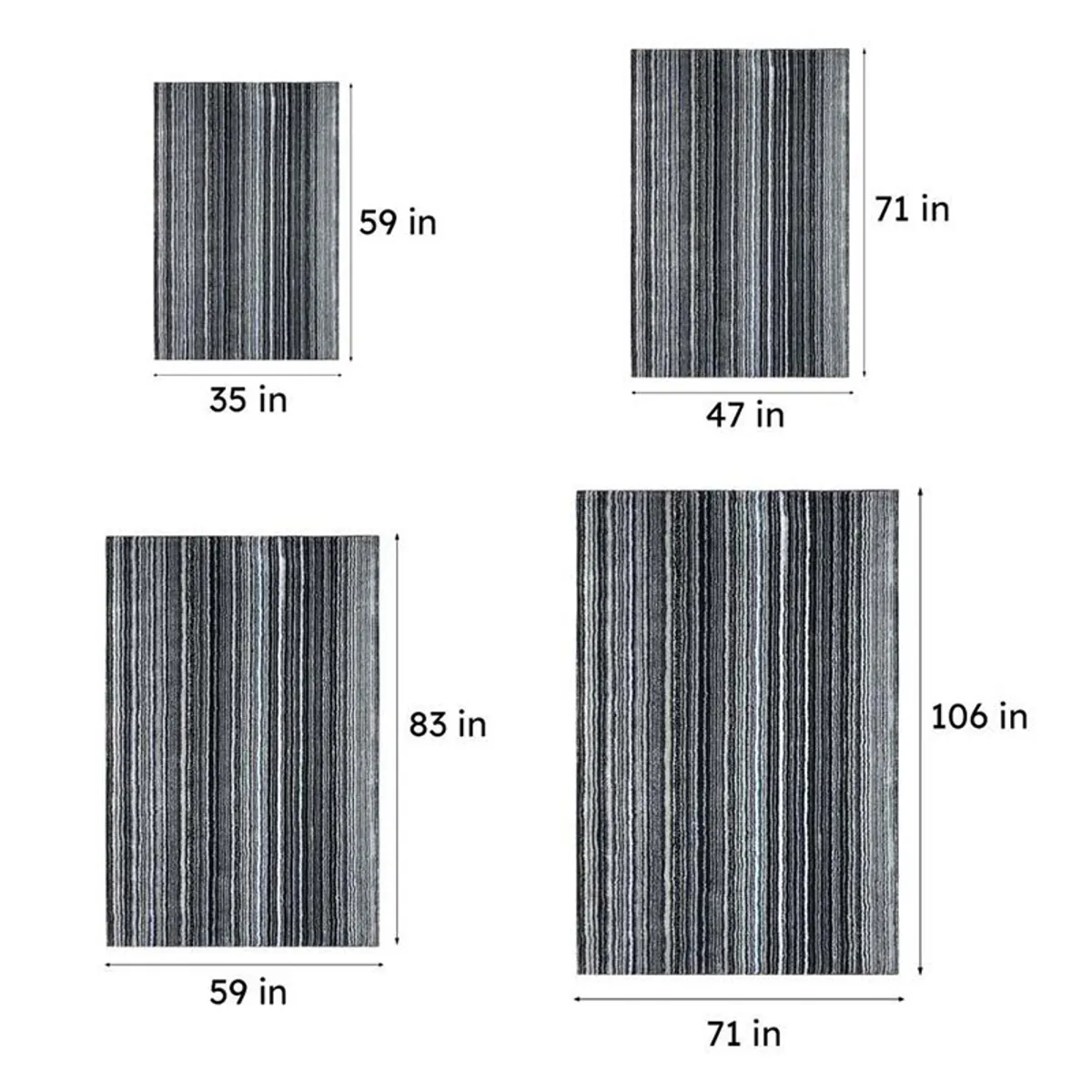Four grey striped carpet size diagrams shown together
