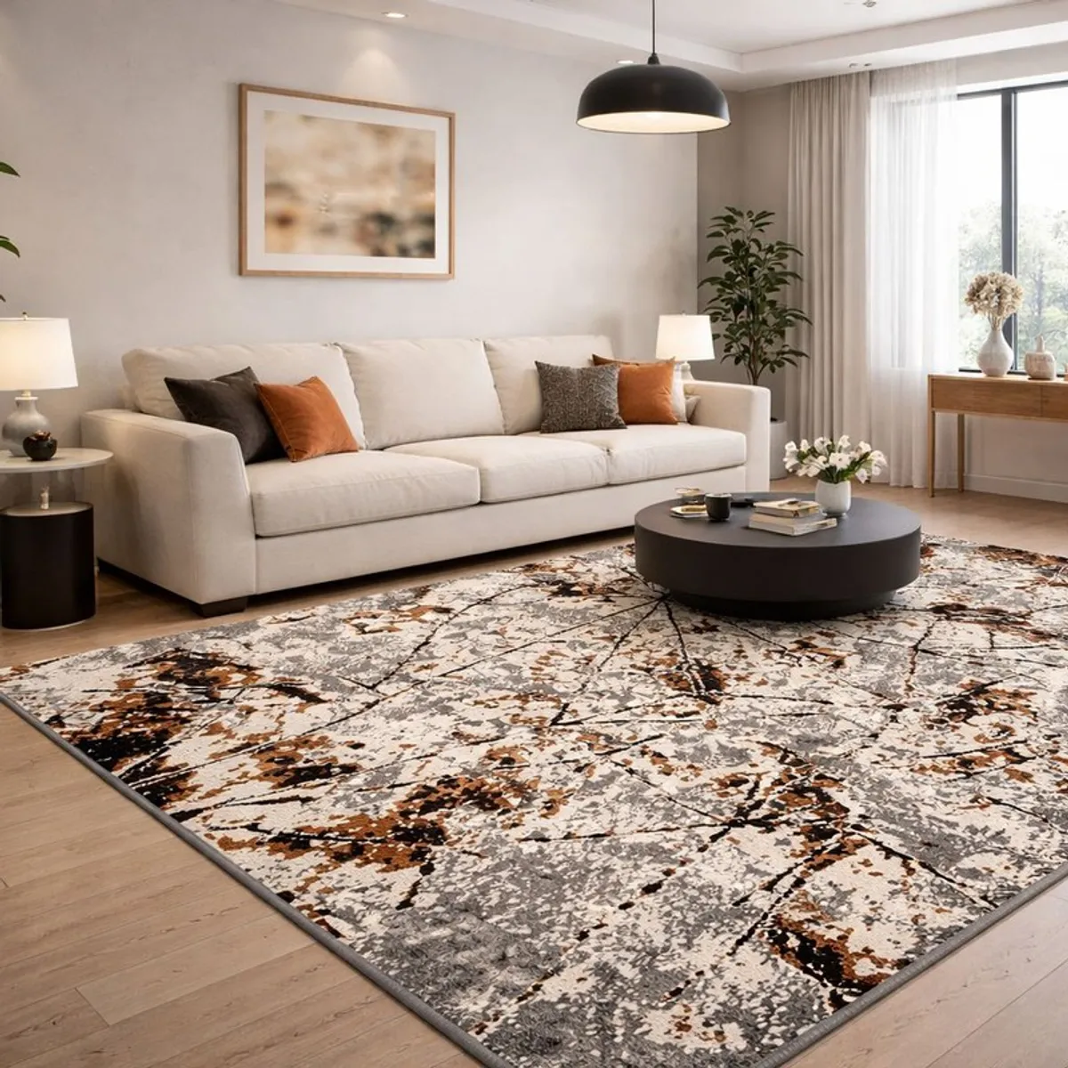 Abstract grey and brown carpet beneath a coffee table in a living room