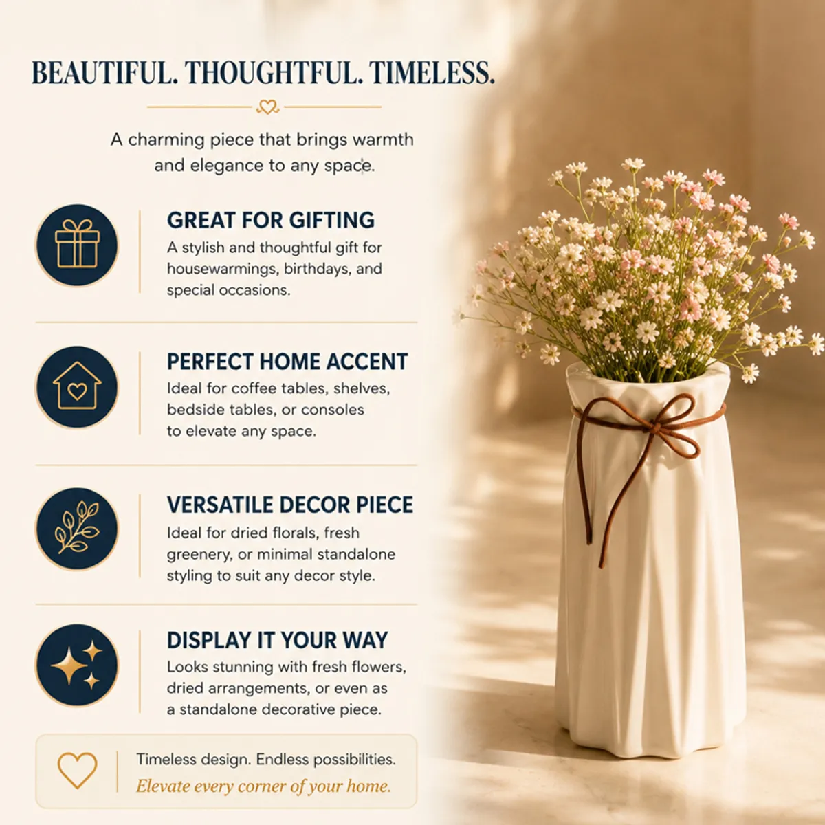 White pleated vase with flowers beside a styled lifestyle text panel