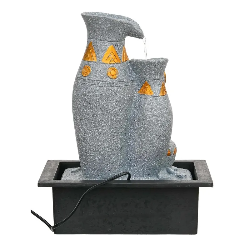 Rear view of the earthen pitcher LED fountain showing the black base and power cord.