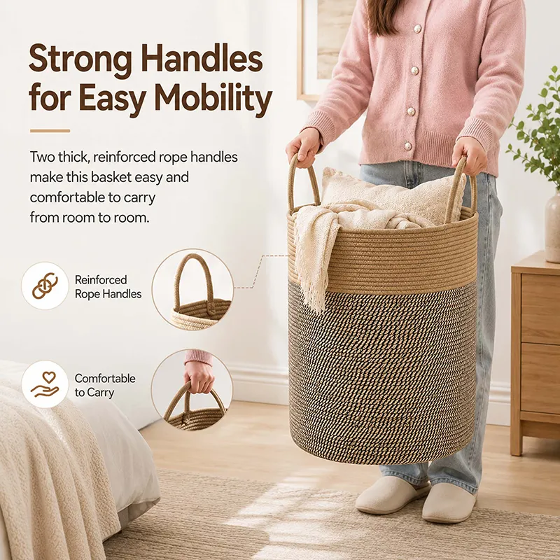 Person lifting a brown cylindrical basket with two loop handles