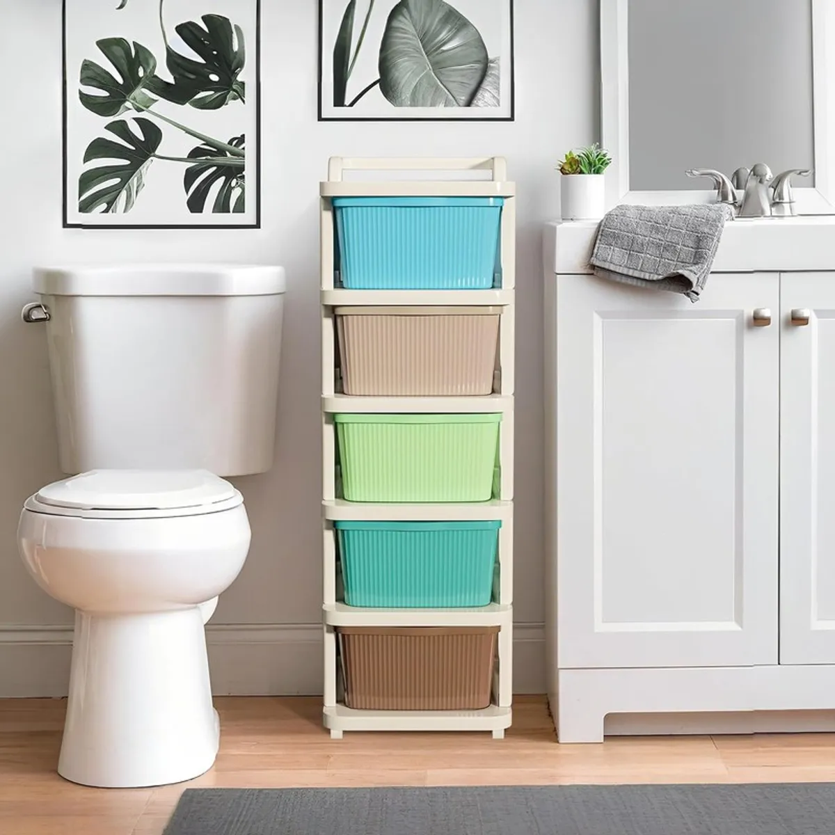 Five-tier storage rack positioned beside a bathroom vanity