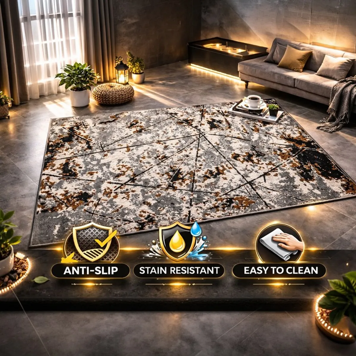 Abstract rectangular carpet in grey, brown and black styled in a moody living room