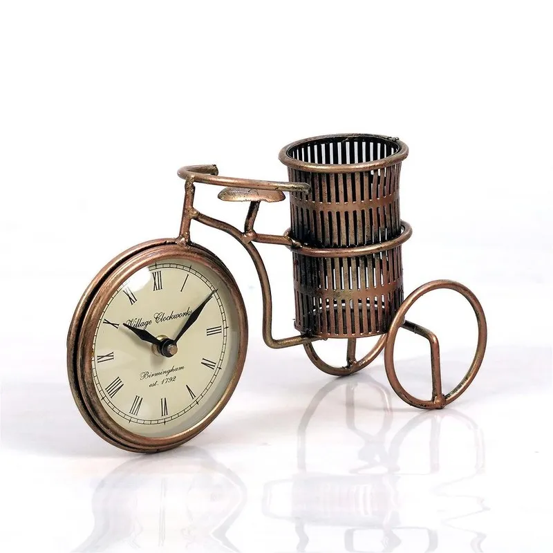 Angled view of bicycle-shaped metal pen stand with clock face
