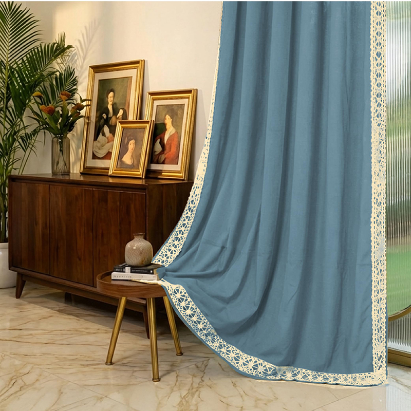 Dusty Aura Lace Edge Cotton Curtain - Blue - Door - 7 Feet