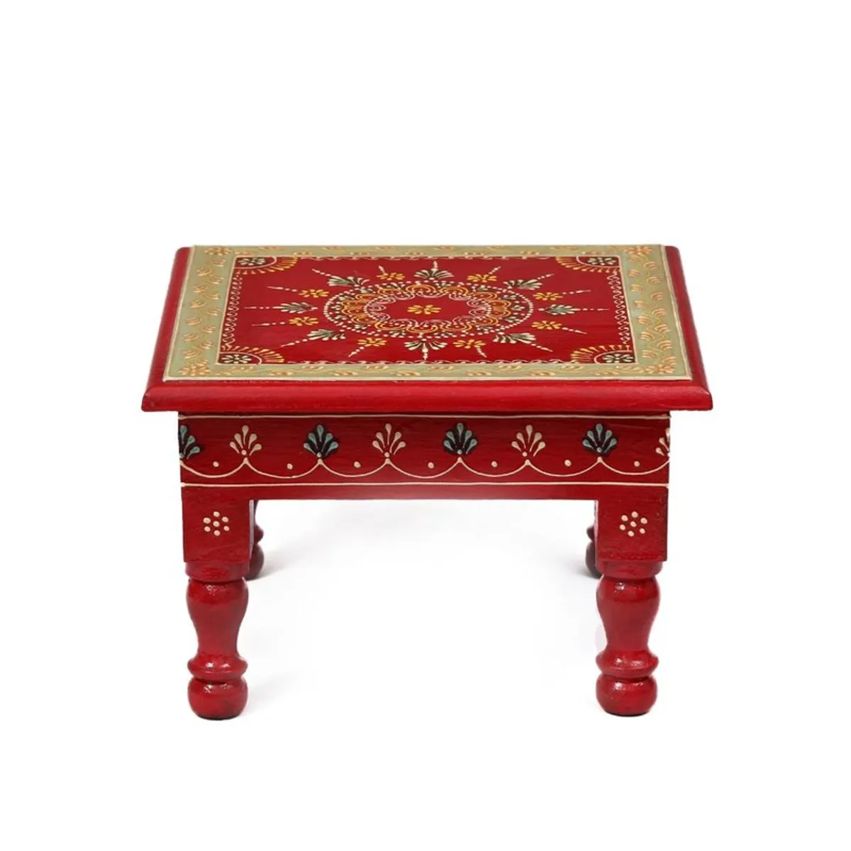 Front view of a red square wooden stool with painted decorative top