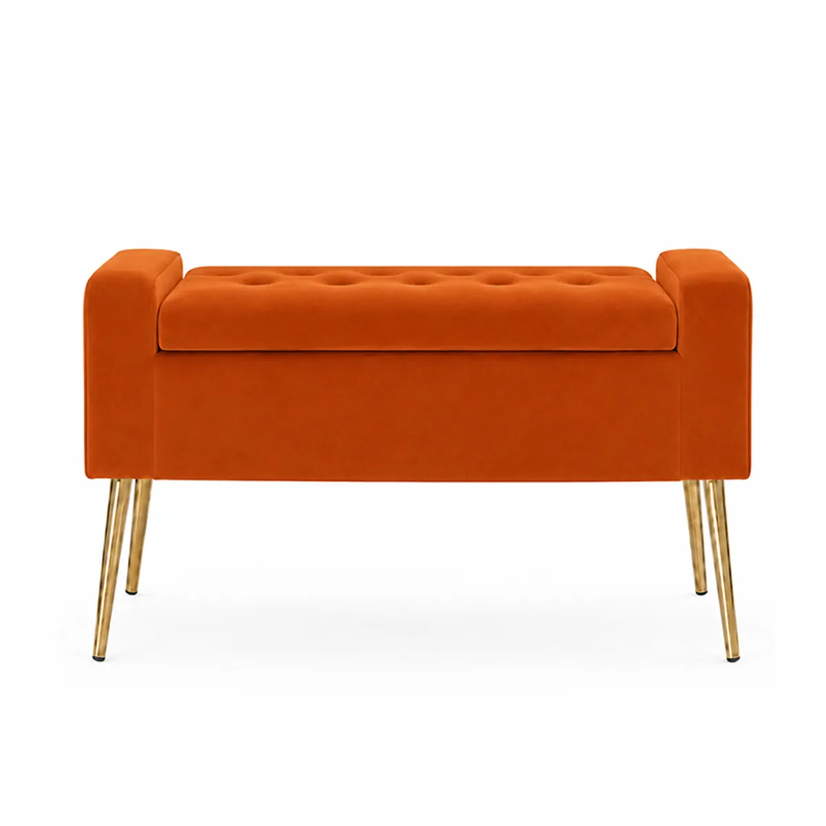 Front view of an orange velvet bench with tufted seat and gold legs