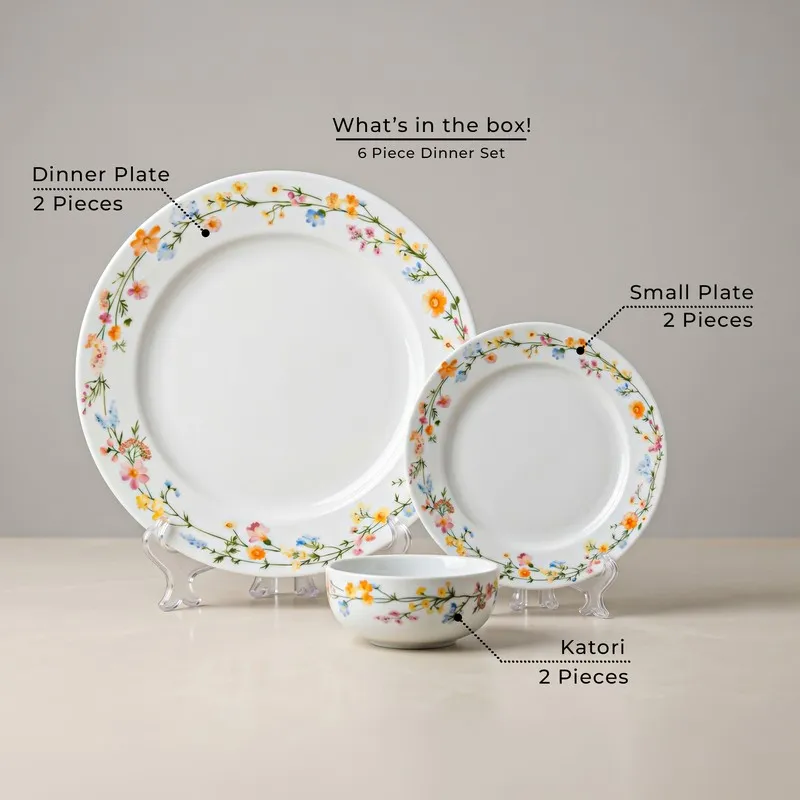 Dinner plate, small plate and bowl with multicolour floral vine pattern