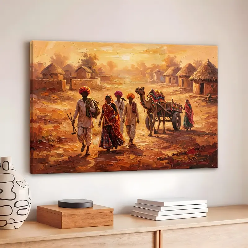 Village Camel Cart Pathway Canvas Wall Painting