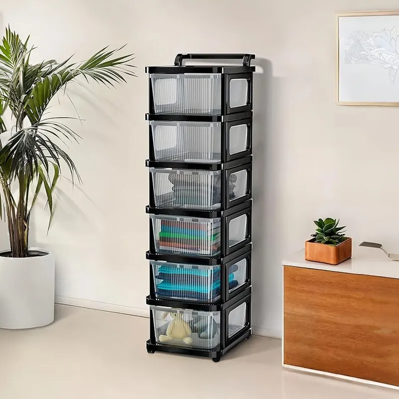 Black six-tier storage rack with transparent drawers beside a cabinet