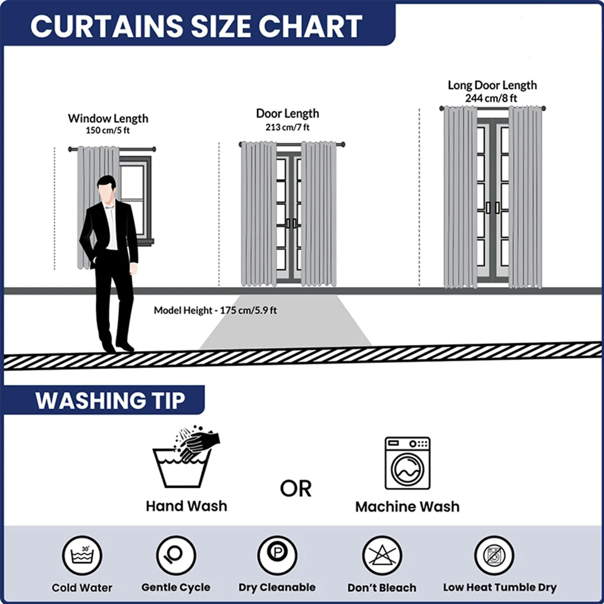 Curtain size and washing guide illustration for door-length curtains.