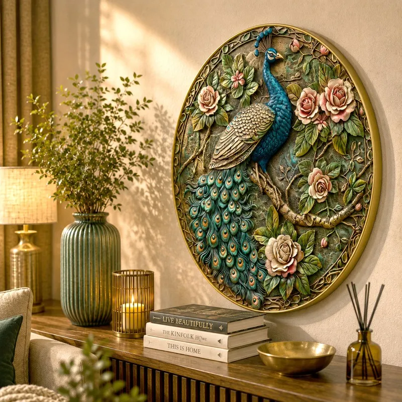 Close angled view of round peacock and floral wall art with gold-toned border