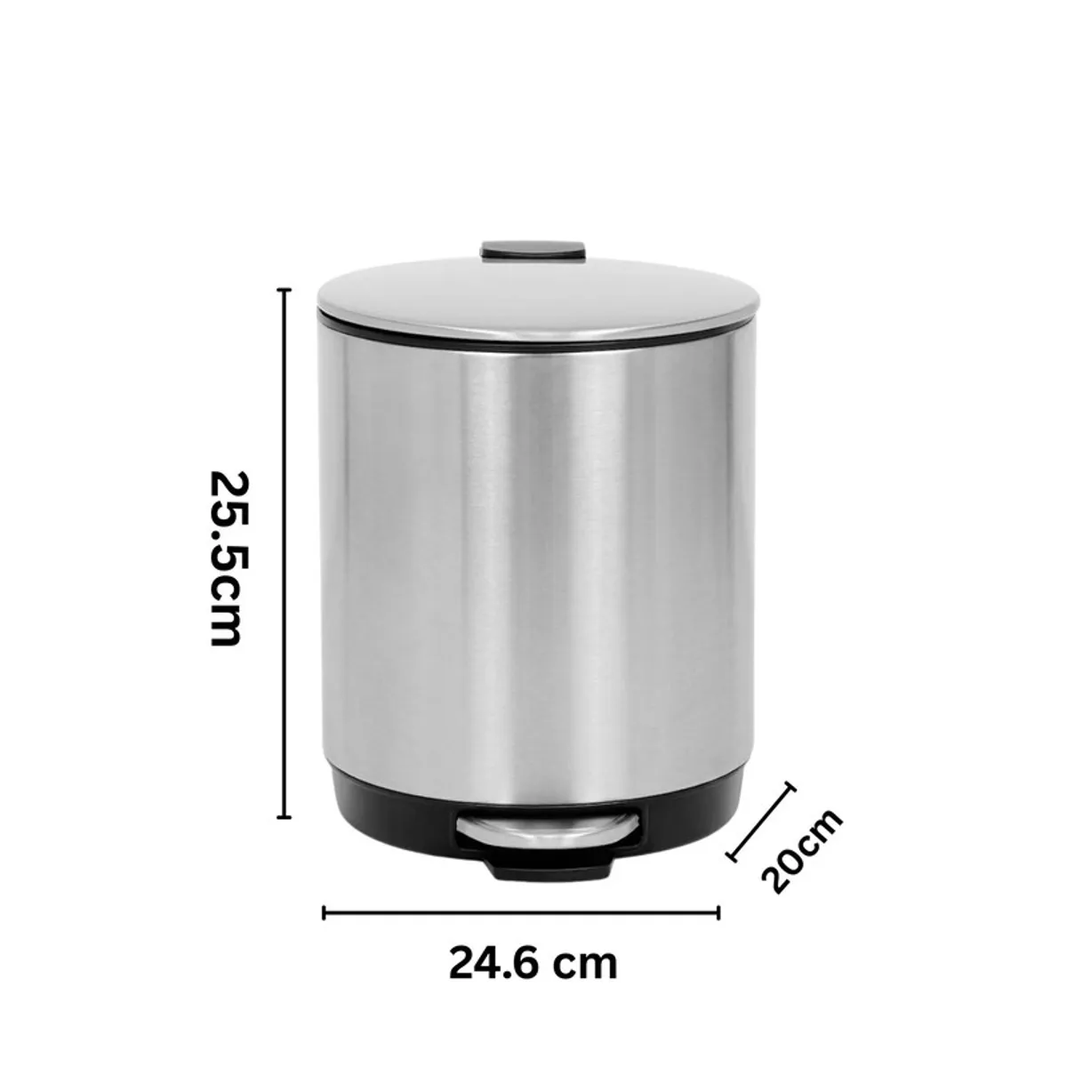 Silver cylindrical dustbin with dimensions marked on a plain background