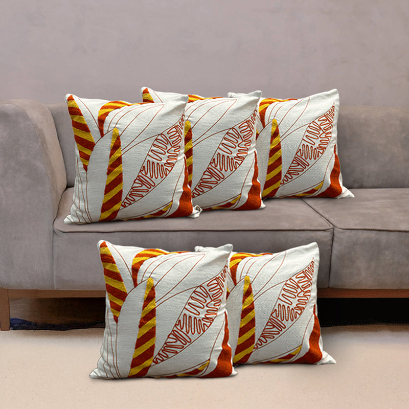 Winter Flames Tufted Cushion Cover (White & Red) - Set Of Five