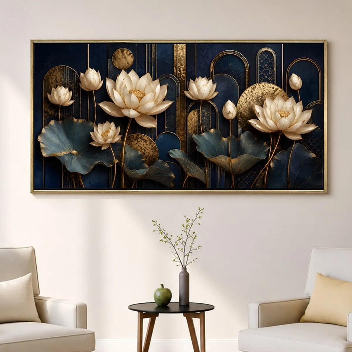Framed lotus wall art displayed above chairs and a side table