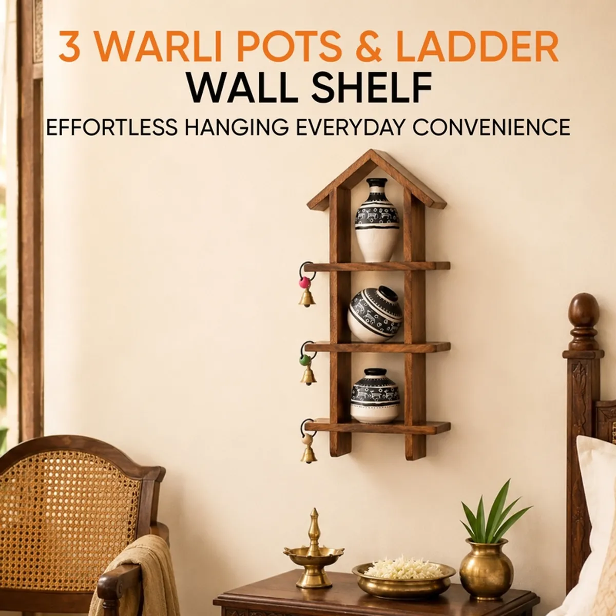 House-shaped wooden wall shelf with three patterned vases displayed above a console