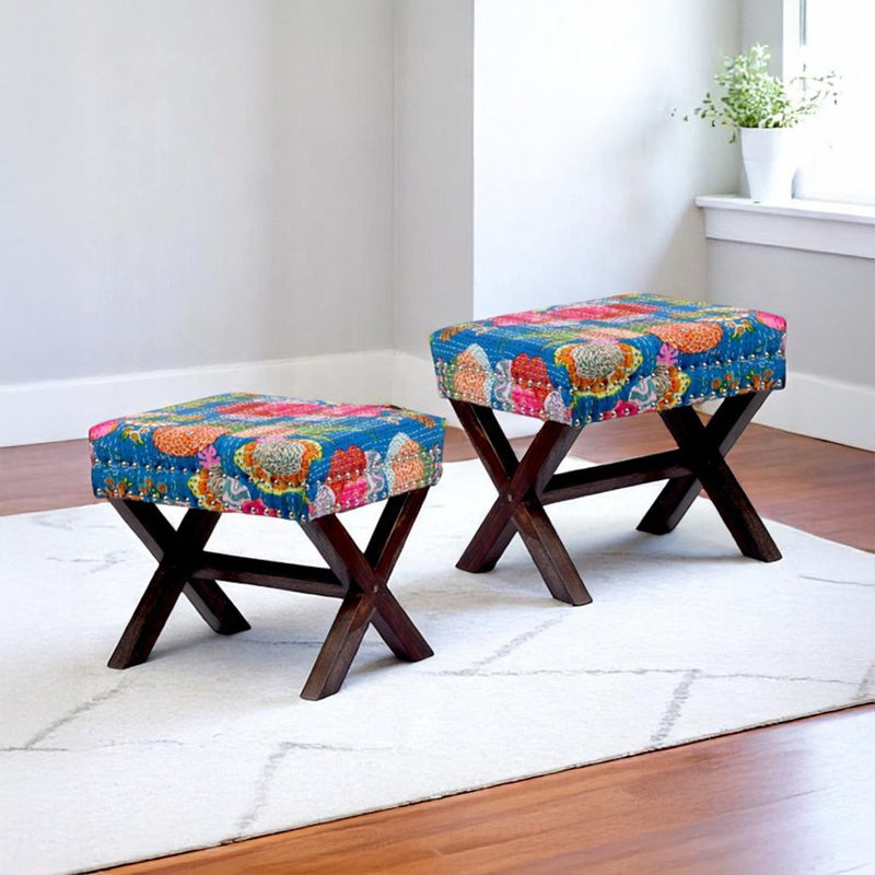 Javro Sheesham Wooden Stools (Multicolor) - Set Of Two