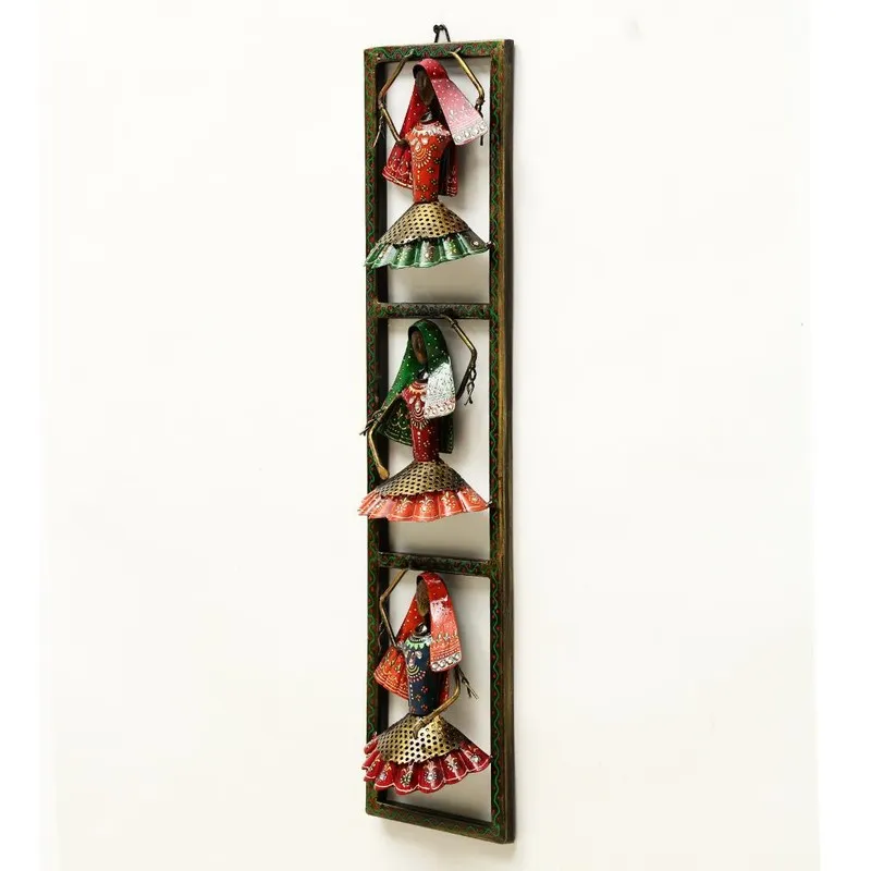 Side view of vertical multicolour metal wall decor with figurative design