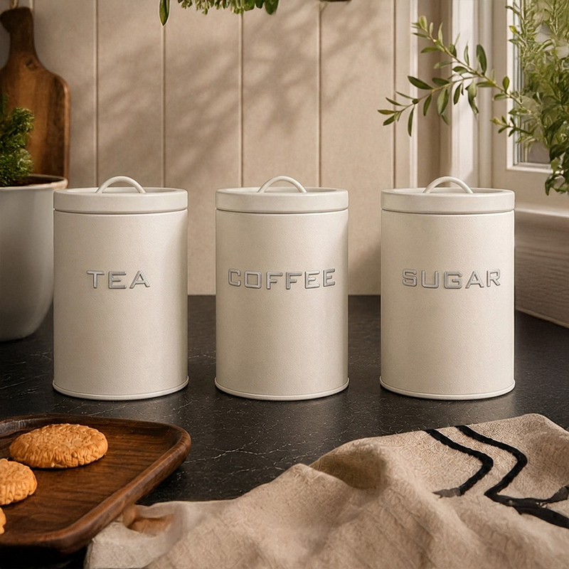 AarviDecor BrewBox Metal Containers(550 mL Each/Beige) - Set of Three - 550 mL