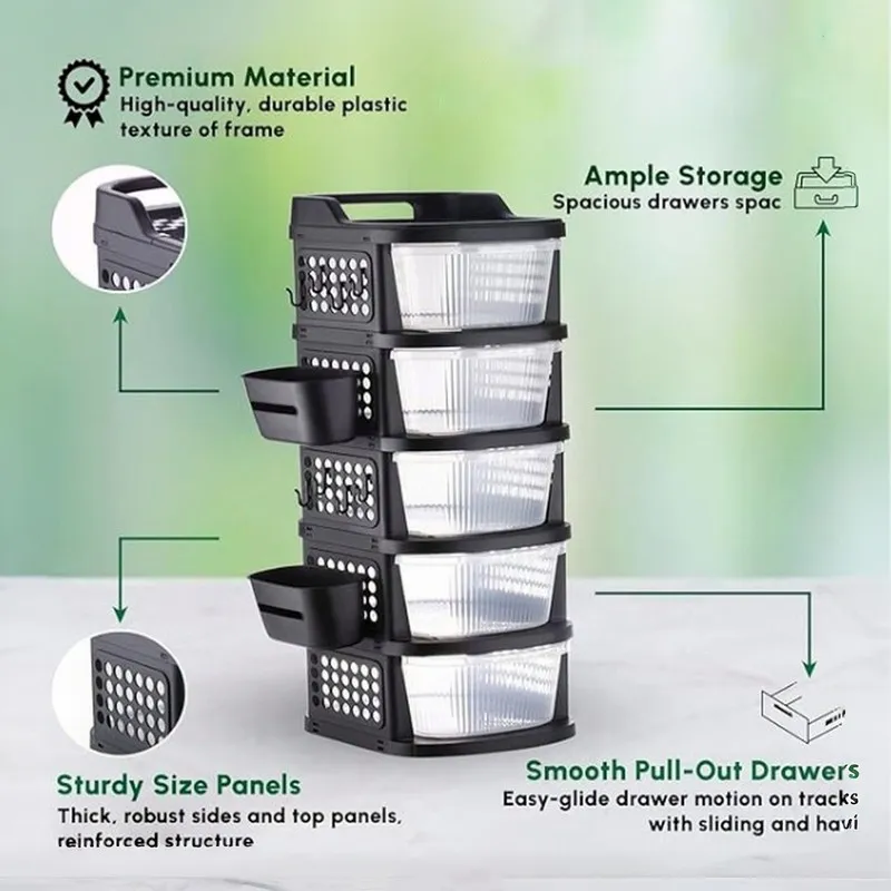Black five-tier organizer rack with transparent drawers and feature callouts