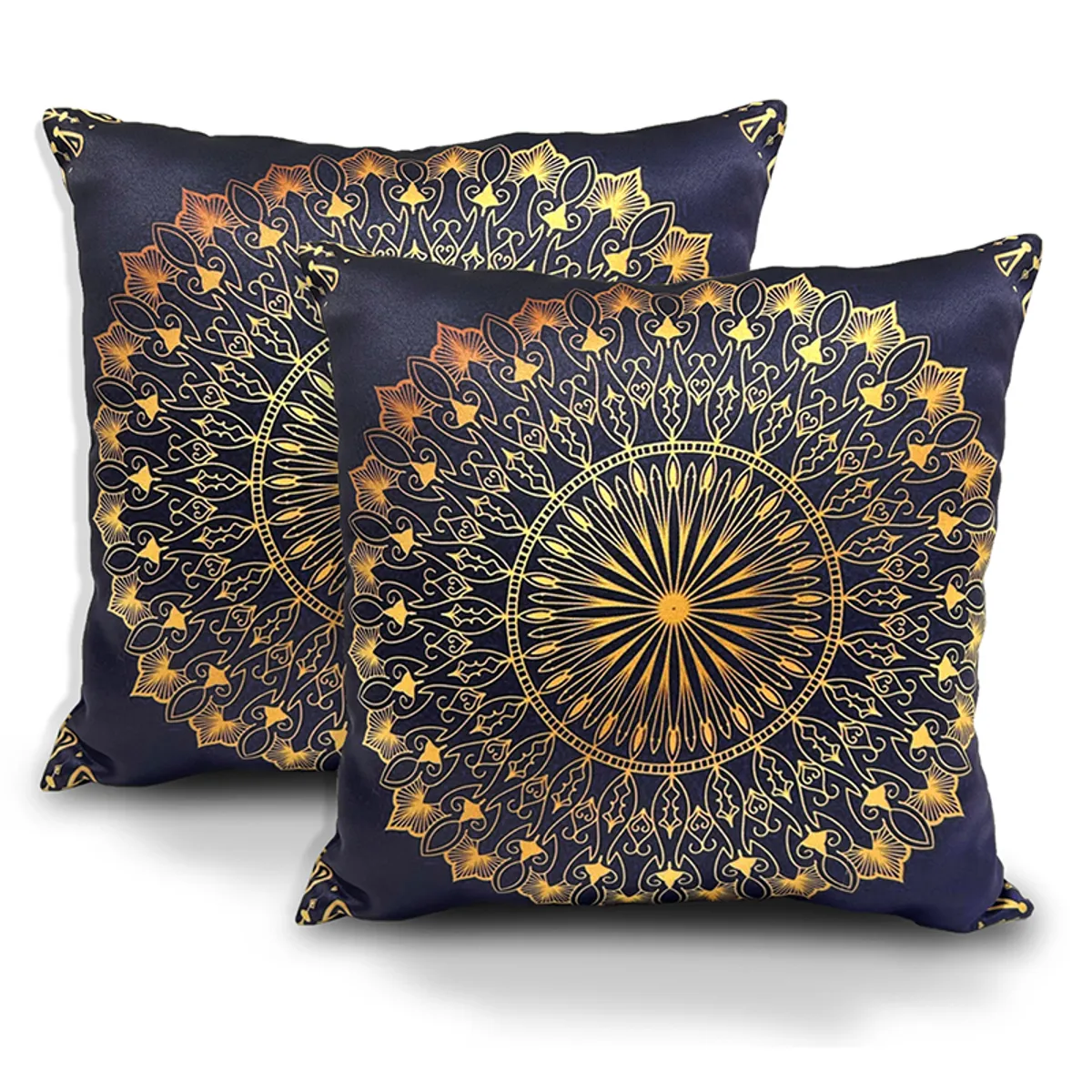 Two square navy cushion covers with matching ornate gold mandala prints on a white background