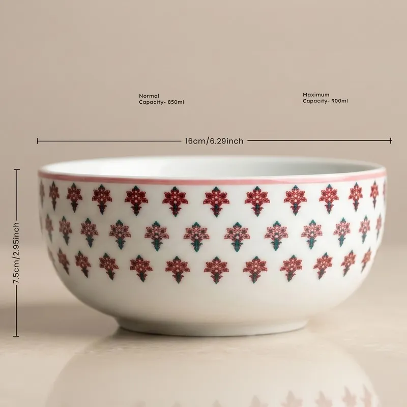 White round serving bowl with pink floral pattern shown from the side