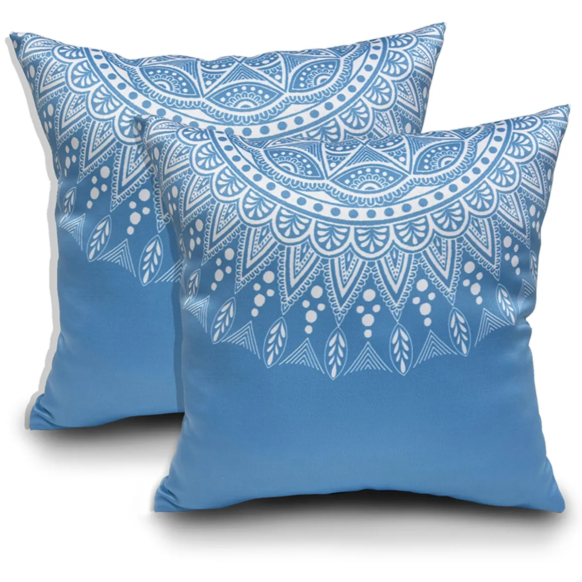 Two lighter blue square cushion covers with white mandala designs