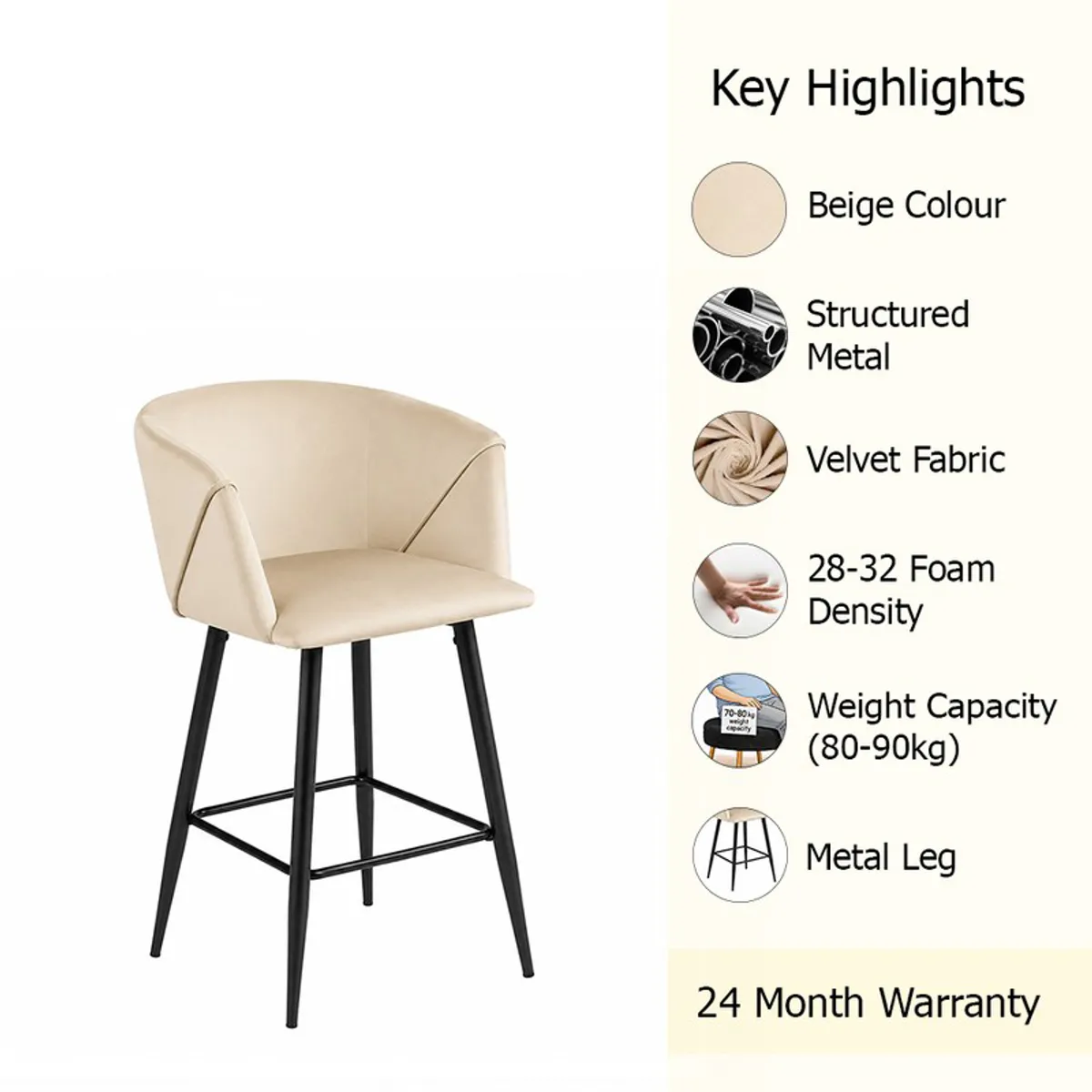 Off white bar chair with black legs and printed feature highlights