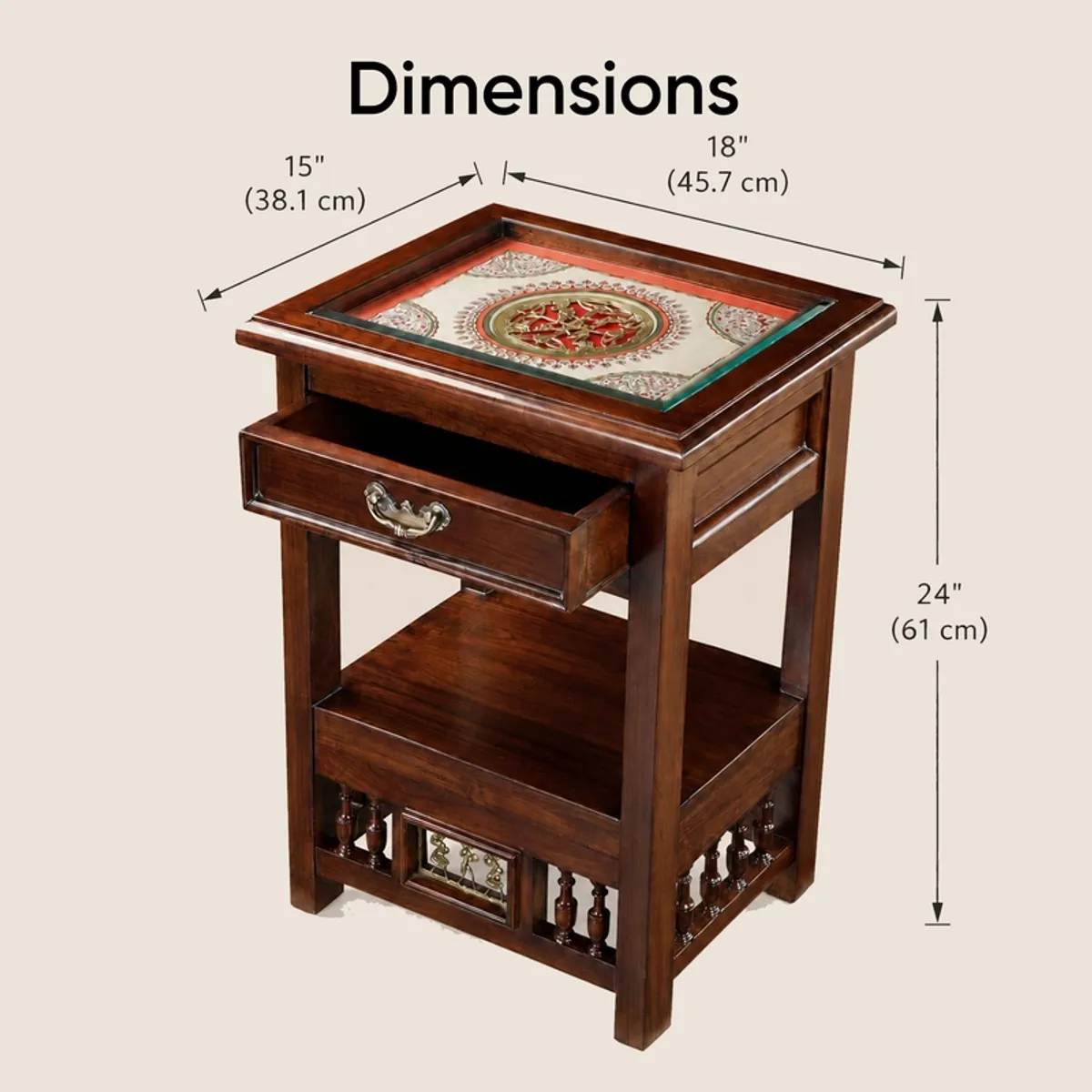 Brown square side table with open drawer and dimensions shown around the product