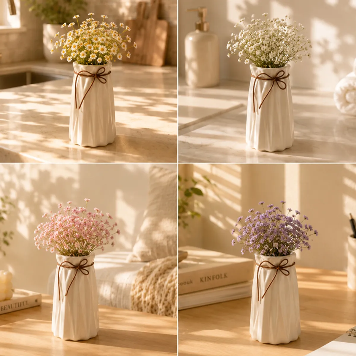 Collage of the white pleated vase styled with flowers in four sunlit room settings
