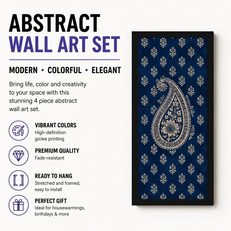 Single framed blue paisley wall art panel shown beside promotional text.