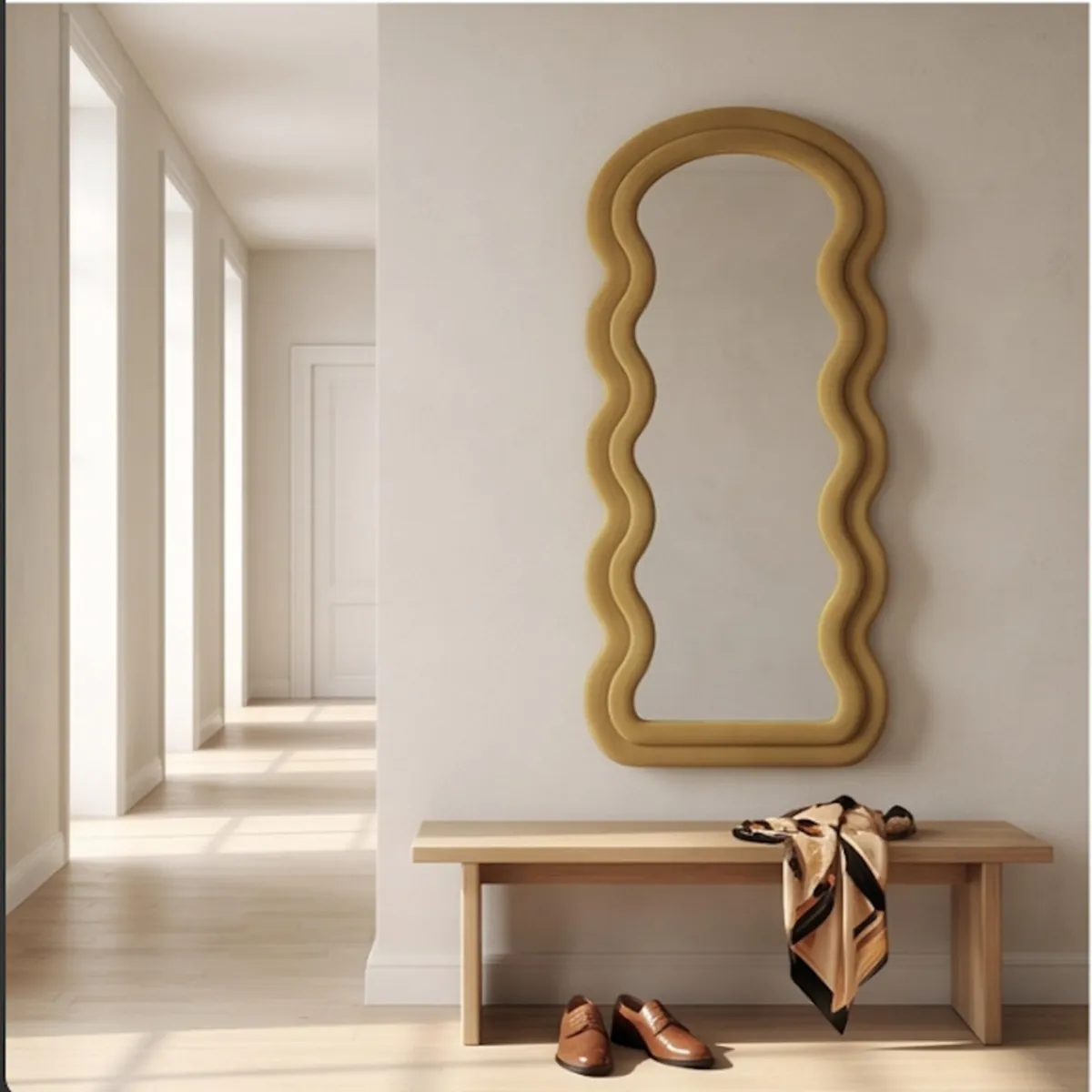 Yellow ripple mirror mounted on a wall above a wooden console