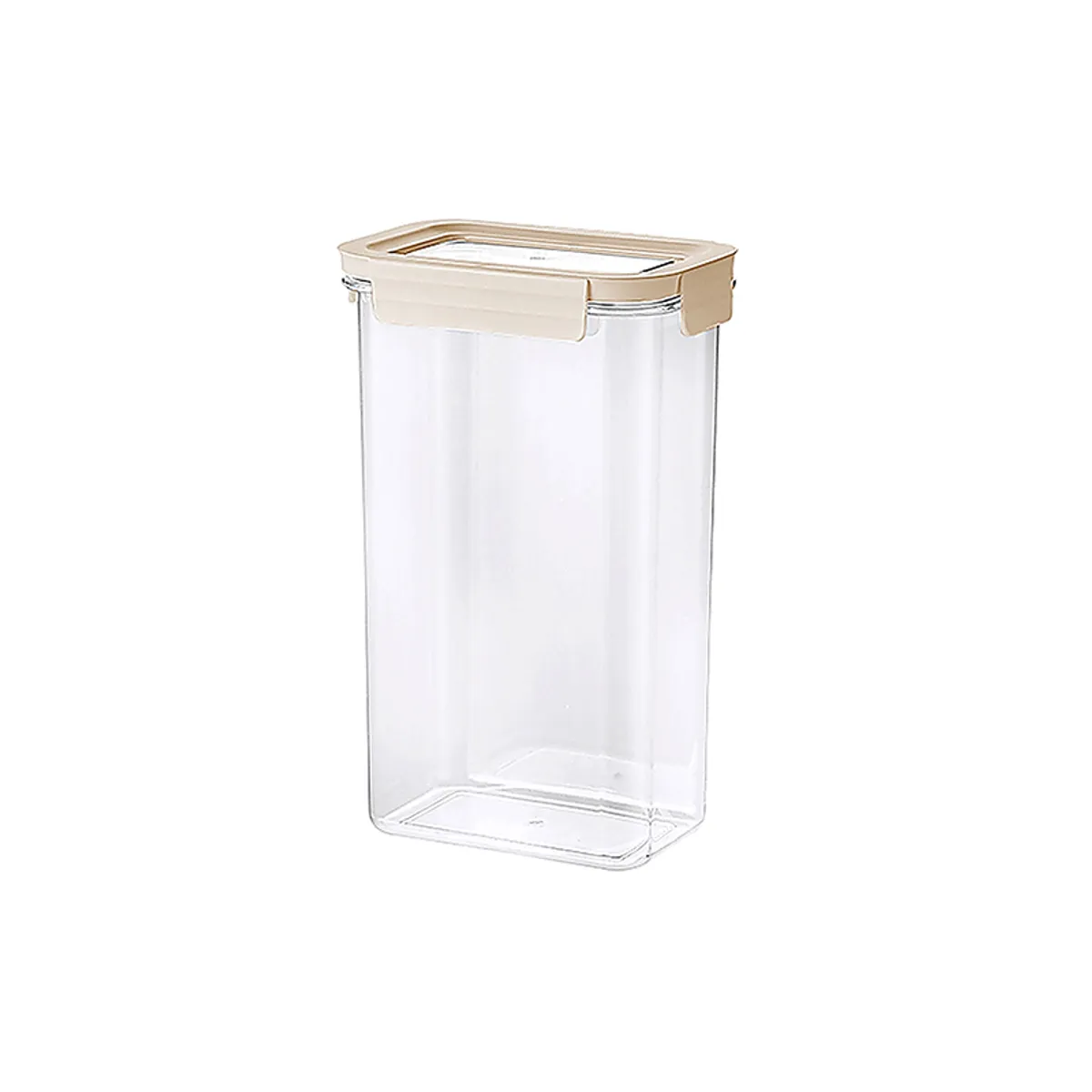 Clear PET storage container with beige airtight lid on a white background