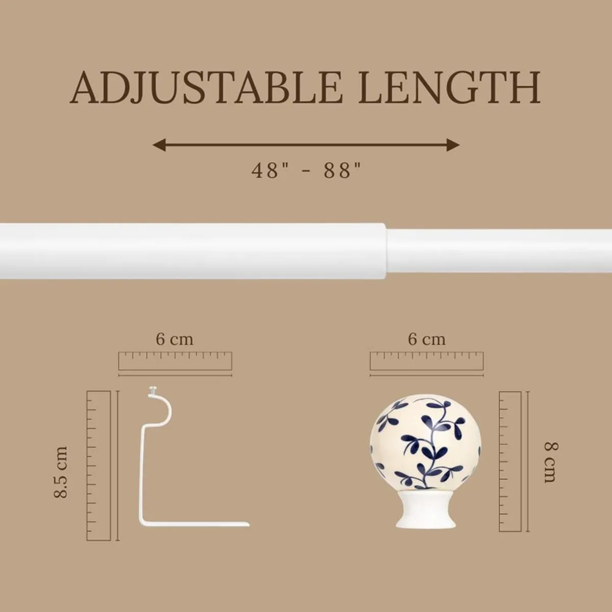 White extendable curtain rod with round finial and bracket shown in a size graphic