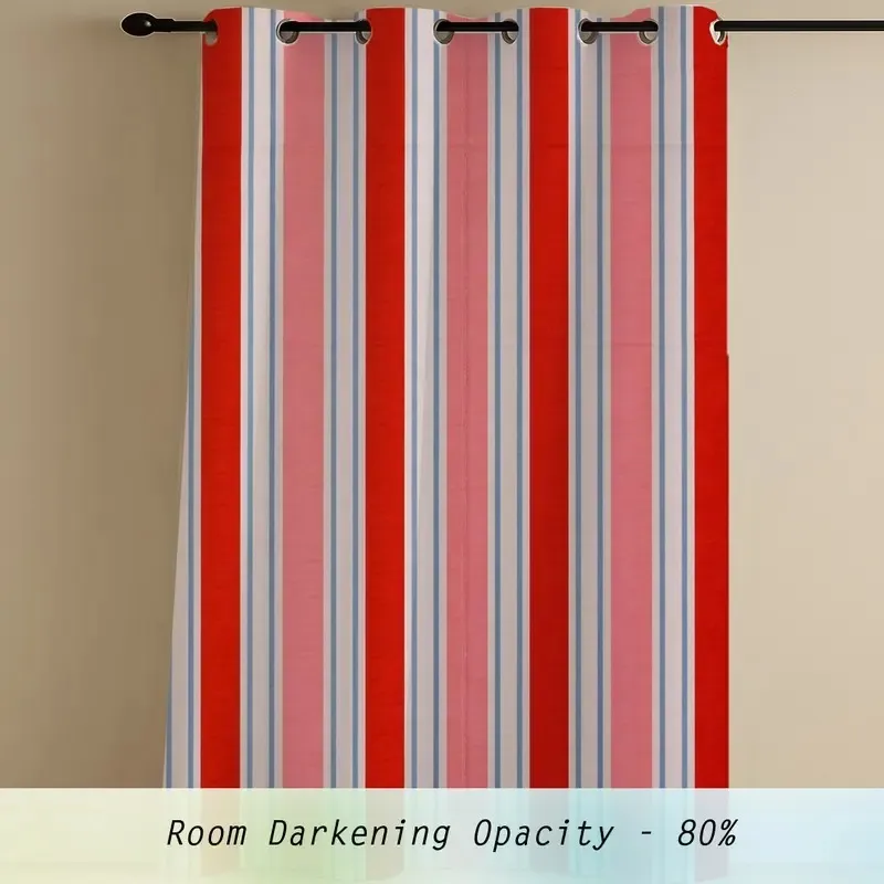 Striped red and pink curtain panel with eyelet top on rod