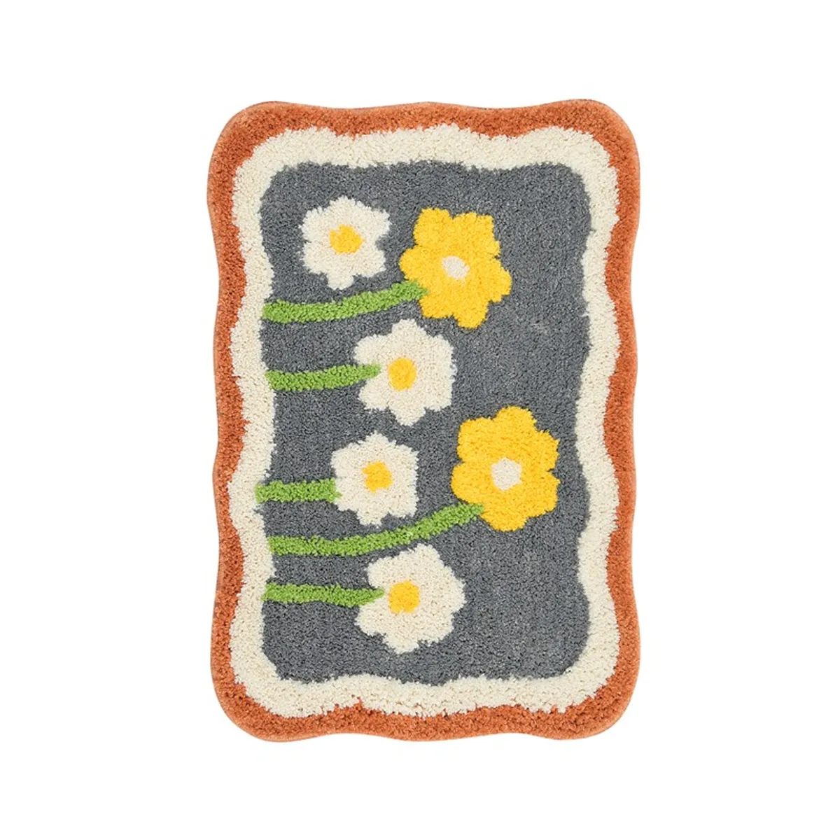 Rectangular floral bath mat with wavy edges on a plain background