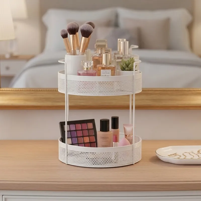 White two-tier organiser holding makeup and toiletries on a vanity