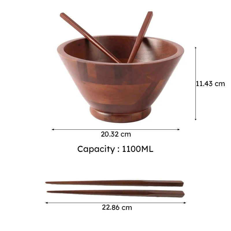 Brown wooden bowl and chopsticks shown with capacity and dimension markings