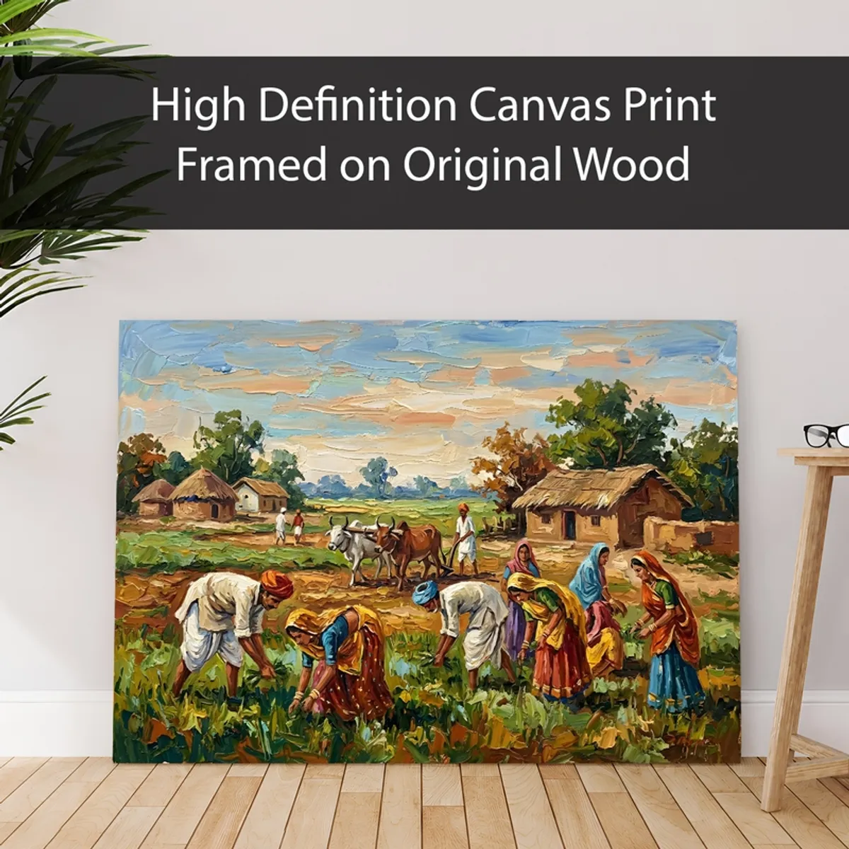 Countryside harvest canvas print leaning against a wall in a styled room
