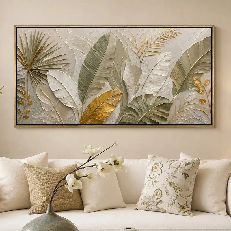 Large botanical canvas wall art hung above a white sofa