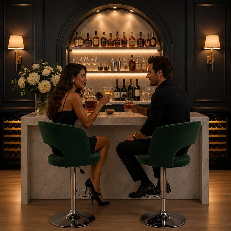 Two green bar chairs placed at a marble home bar