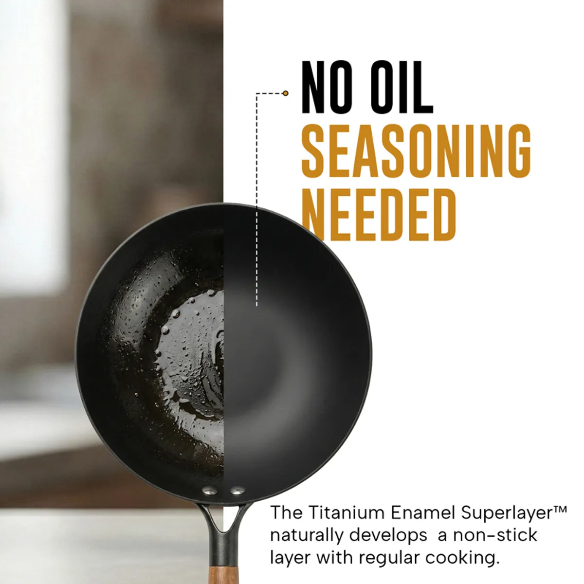 Top view of a black frying pan with oil on one side