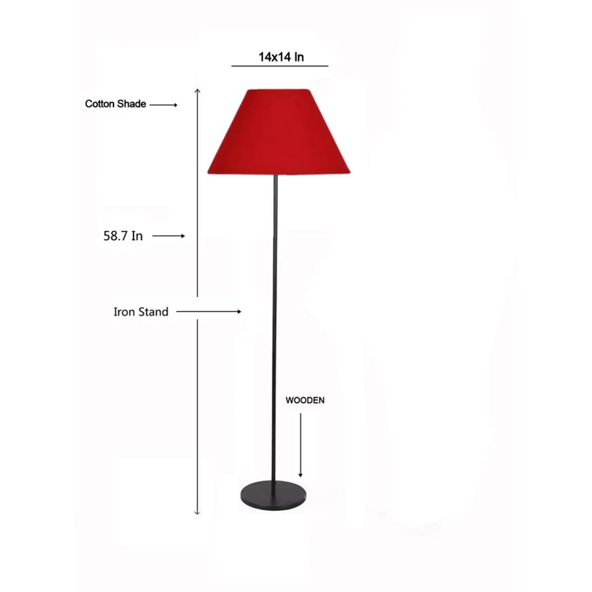 Red floor lamp isolated on a white background with measurement arrows.