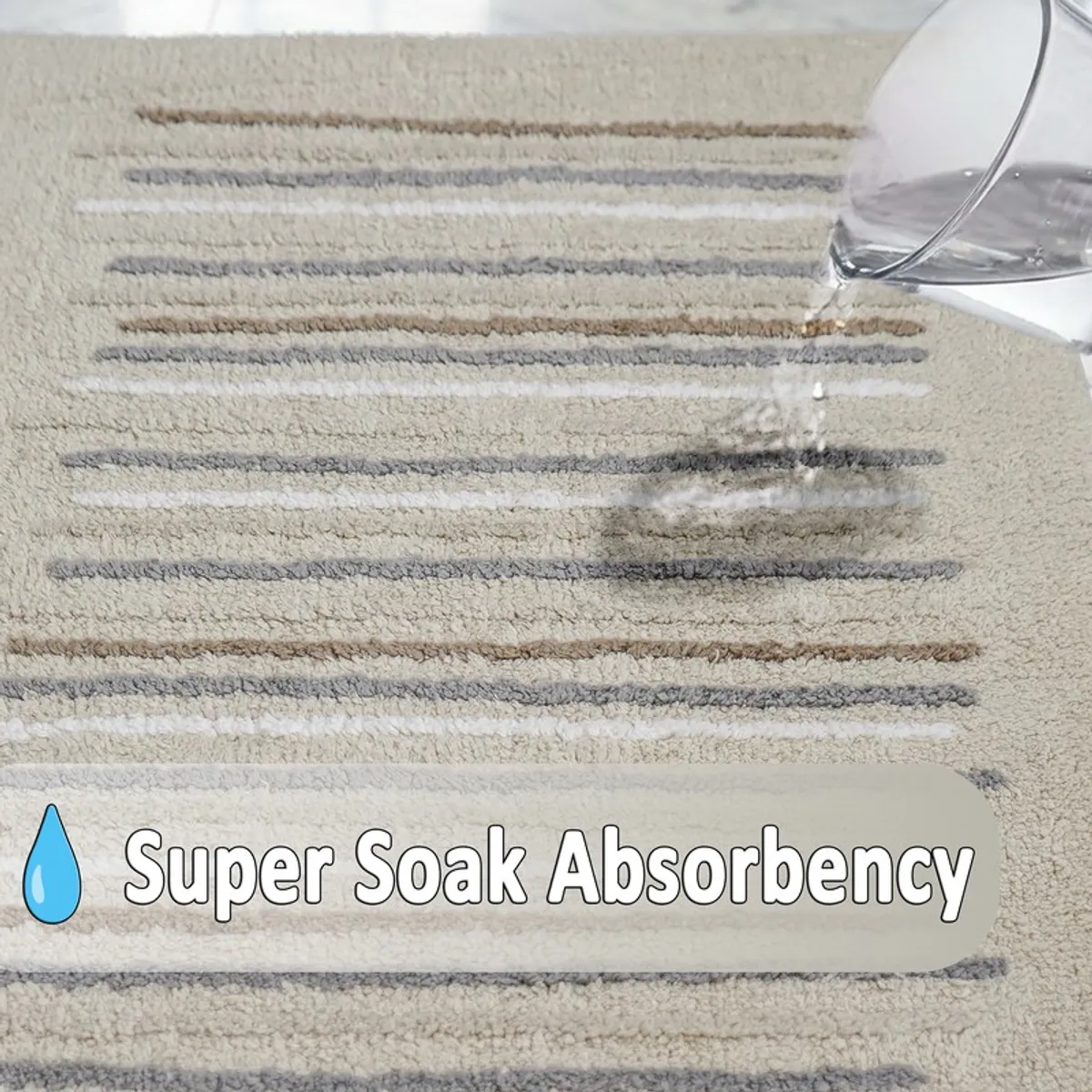 Water being poured onto the beige striped bath mat.